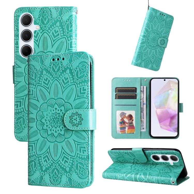 Funda de piel con estampado de girasoles en relieve para Samsung Galaxy A56 5G (verde)