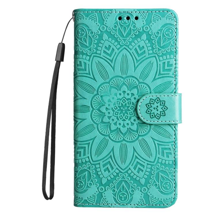 Funda de piel con estampado de girasoles en relieve para Samsung Galaxy A56 5G (verde)