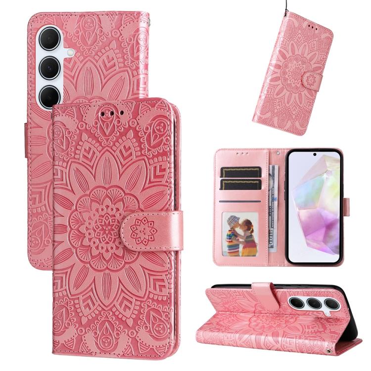 Funda de piel con estampado de girasoles en relieve para Samsung Galaxy A56 5G (oro rosa)
