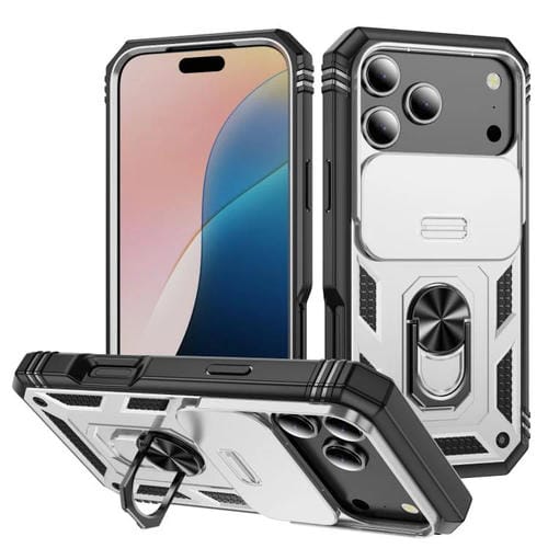 Funda deslizante de TPU + PC con soporte para iPhone 17 Pro Max (blanco y negro)