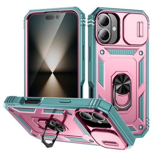 Funda deslizante de TPU + PC con soporte para iPhone 17 (verde y rosa)