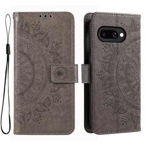 Funda de Cuero para Google Pixel 9A con Estampado de Flores y Cordón (Gris)