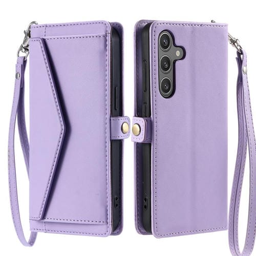 Funda de cuero con ranura para múltiples tarjetas y cordón para Samsung Galaxy A17 5G (morado)