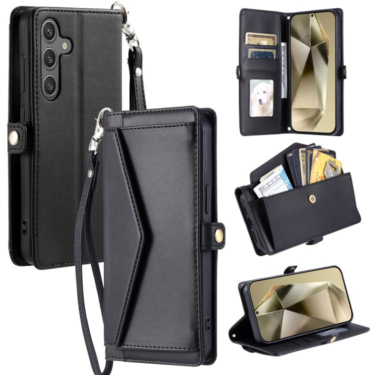 Funda de cuero con ranura para múltiples tarjetas y cordón para Samsung Galaxy S25 FE 5G (negro)