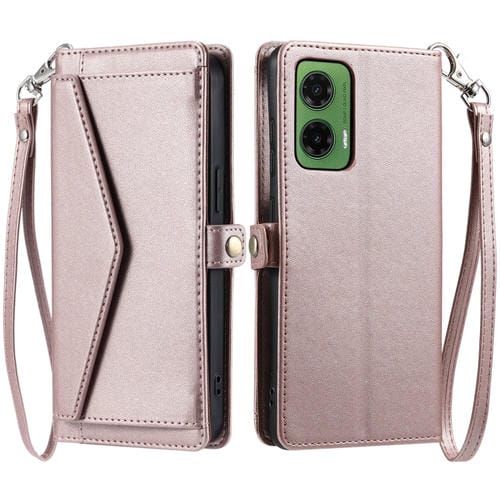 Funda de Cuero para Motorola Moto G35 con Ranura para Tarjetas y Cordón (Oro Rosa)