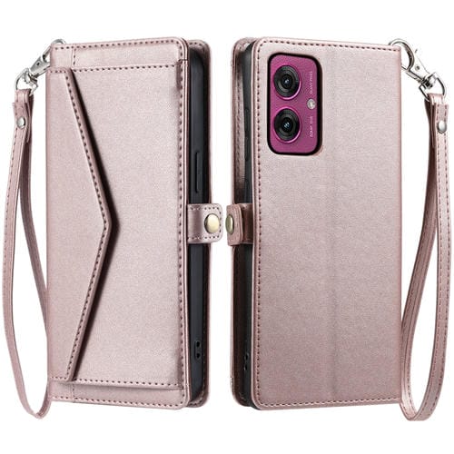 Funda de Cuero para Motorola Moto G55 con Ranura para Tarjetas y Cordón (Oro Rosa)