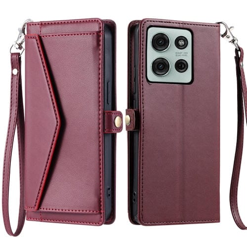 Funda de Cuero para Motorola Moto G75 5G con Ranura para Tarjetas y Cordón (Rojo Vino)