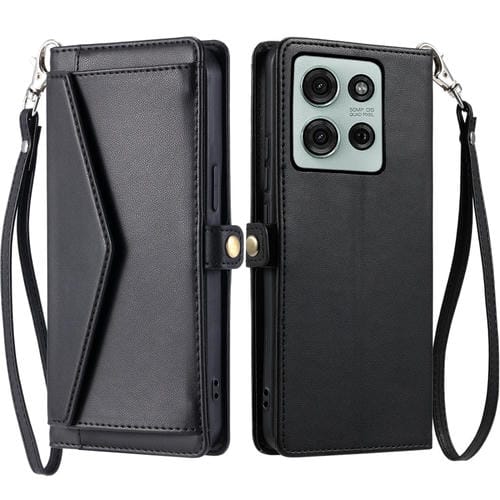 Funda de Cuero para Motorola Moto G75 5G con Ranura para Tarjetas y Cordón (Negro)