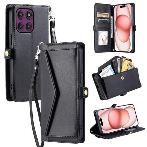 Funda de cuero con ranura para múltiples tarjetas y cordón para Motorola Edge 60 Pro (negro)