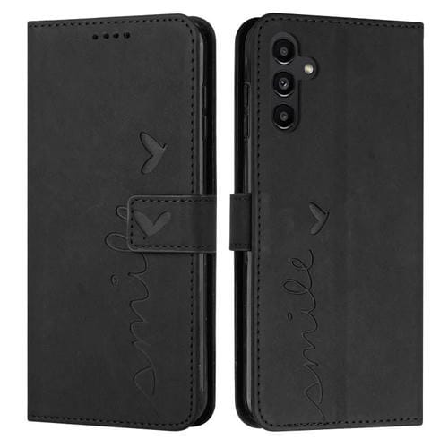 Funda de piel con diseño de corazón en relieve y cordón largo para Samsung Galaxy A17/A26 5G (negra)