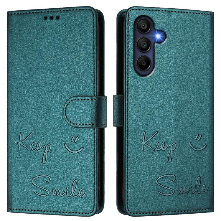 Funda de cuero RFID con relieve sonriente para Samsung Galaxy A17 4G (verde pavo real)