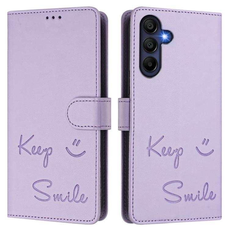 Funda de cuero RFID con relieve sonriente para Samsung Galaxy A17 4G (morado claro)