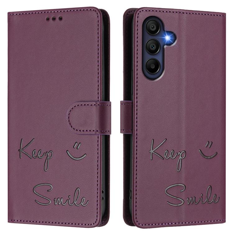 Funda de cuero RFID con relieve sonriente para Samsung Galaxy A17 4G (violeta)