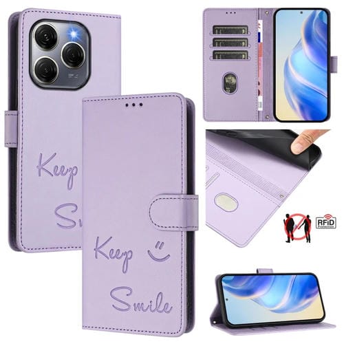Funda Cuero Rfid Relieve Sonriente Tecno Spark 20 Pro 5G (Morado Claro)