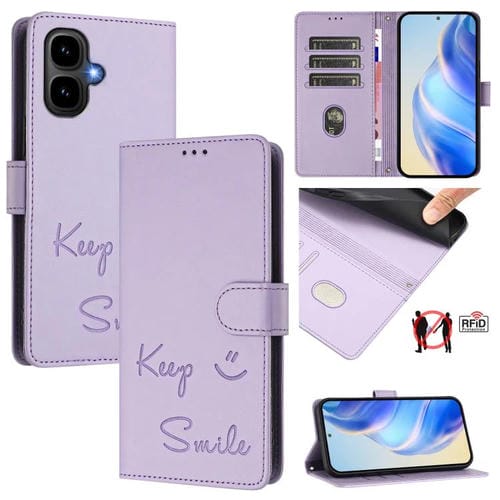 Funda de cuero RFID con relieve sonriente para Tecno Pop 10 / Infinix Smart 10 4G (morado claro)