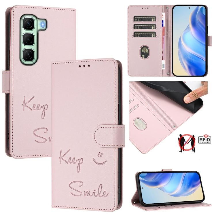 Funda de Cuero Rfid con Relieve Sonriente para Infinix Hot 50 4G (Rosa)