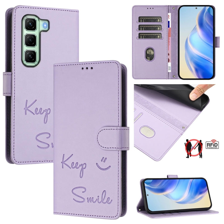 Funda de Cuero Rfid con Relieve Sonriente para Infinix Hot 50 5G (Morado Claro)