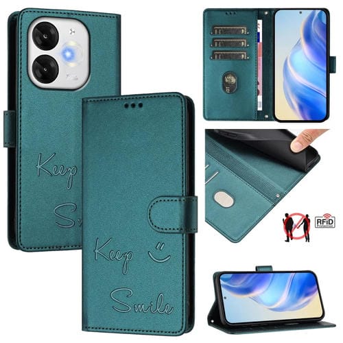 Funda de Cuero Rfid con Relieve Sonriente para Teléfono Itel A80 4G (Verde Pavo Real)