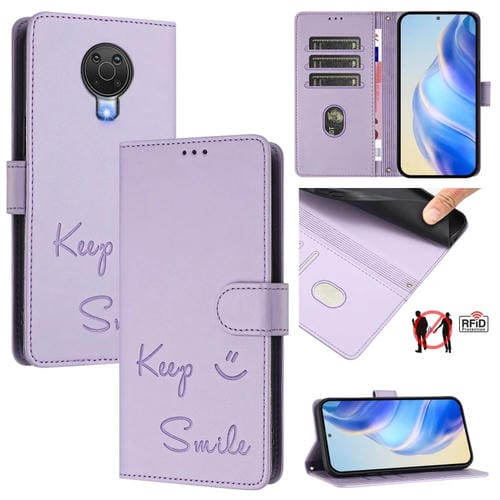 Funda de Cuero Rfid con Relieve Sonriente para Nokia 6.3/G20/G10 (Morado Claro)