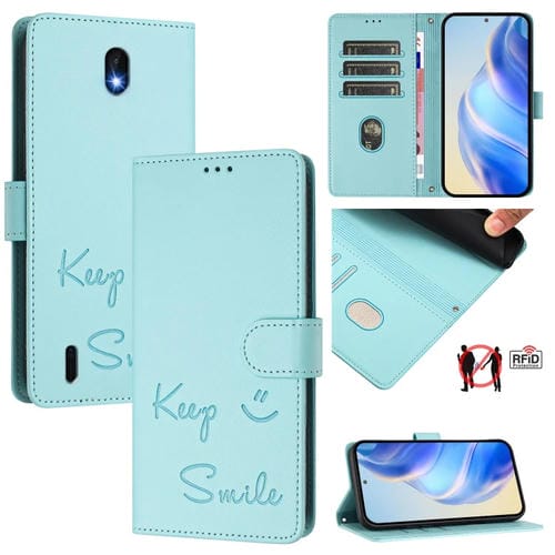 Funda de Cuero Rfid con Relieve Sonriente para Nokia C01 Plus y C1 2.ª Edición (Verde Menta)