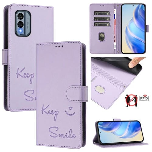 Funda de Cuero Rfid con Relieve Sonriente para Nokia X30 5G (Morado Claro)