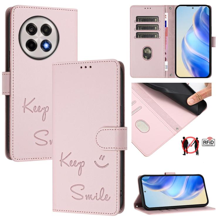 Funda de Cuero Rfid con Relieve Sonriente para OnePlus 13R/Ace 5 Pro 5G (Rosa)