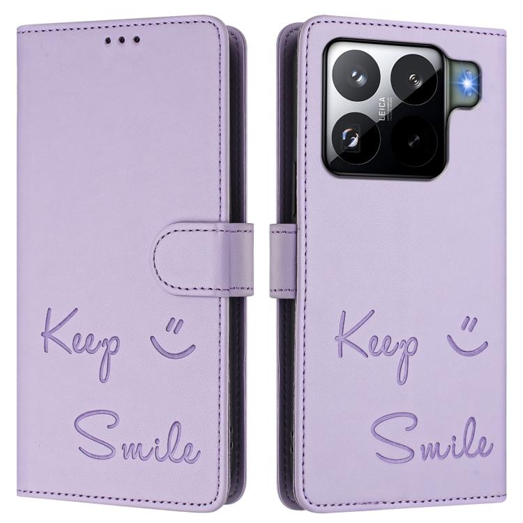 Funda de cuero RFID con relieve sonriente para Xiaomi 15S Pro 5G (morado claro)
