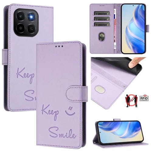 Funda de cuero RFID con relieve sonriente para Honor X6c 4G (morado claro)