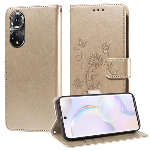 Funda de Cuero con Mariposas y Flores en Relieve para Honor 50 5G Huawei Nova 9 (Dorada)