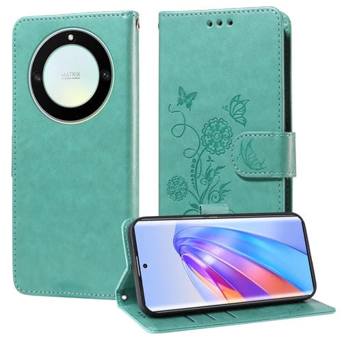 Funda de Cuero con Diseño de Mariposas y Flores en Relieve para Honor X9A 5G / Magic5 Lite / X40 5G (Verde)