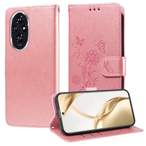 Funda de Cuero Honor 200 con Diseño de Mariposas y Flores en Relieve (Oro Rosa)