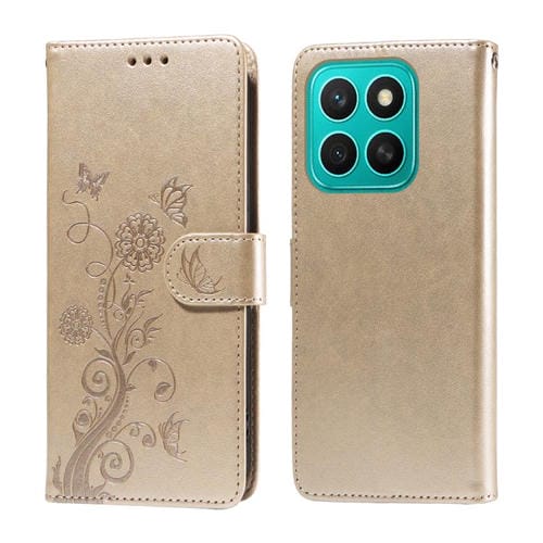Funda de Cuero para Honor X8C 4G con Diseño de Mariposas y Flores en Relieve (Dorada)