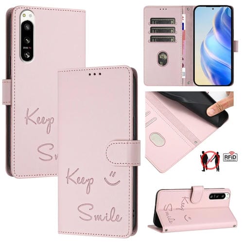 Funda Cuero Rfid con Relieve Sonriente para Sony Xperia 5 Iv (Rosa)