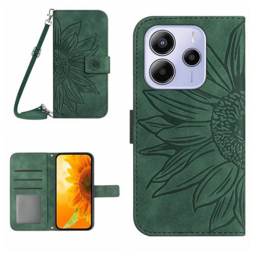 Funda de Piel con Tapa y Cordón para Redmi Note 14 4G (163,25mm), Diseño de Girasol En Relieve, Color Verde