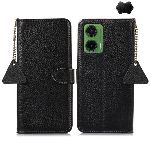 Funda de Cuero Genuino con Textura de Lichi Rfid para Motorola Moto G35 (Negro)