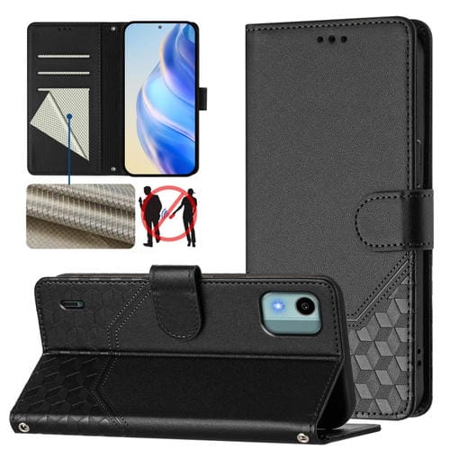 Funda de Cuero Rfid con Relieve en Panal para Nokia C12 (Negra)