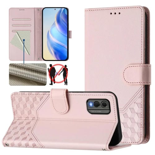 Funda de Cuero RFID con Relieve en Panal para Nokia C32 (Rosa)
