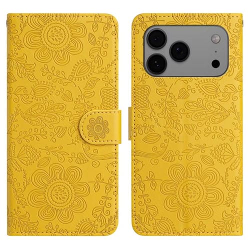 For iPhone 17 Pro Floral Embossed Pattern Leather Phone Case(Yellow)