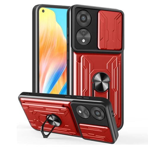 Funda Deslizante de TPU y PC con Ranura para Tarjetas para Oppo A78 4G (Rojo)