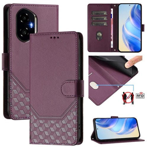Funda de Cuero Rfid con Relieve en Panal para Honor 300 5G (Violeta)