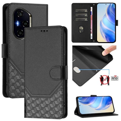 Funda de Cuero Rfid con Relieve en Panal para Honor 300 Pro 5G y 300 Ultra 5G (Negra)