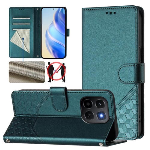Funda de cuero con relieve de panal RFID para Honor X6c 4G (verde pavo real)
