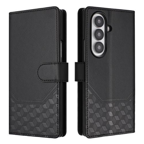 Funda de cuero con relieve de panal RFID para Samsung Galaxy Z Fold7 5G (negra)