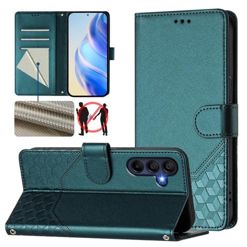 Funda de piel con relieve de panal RFID para Samsung Galaxy A17 4G (verde pavo real)