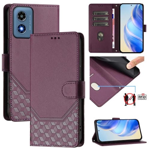 Funda de Cuero RFID con Relieve en Panal para Motorola Moto G Play 4G (2024) (Violeta)