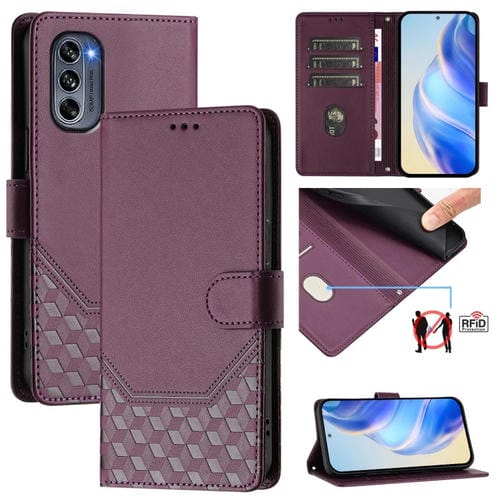 Funda de Cuero Rfid con Relieve en Panal para Motorola Moto G62 5G Global/India (Violeta)