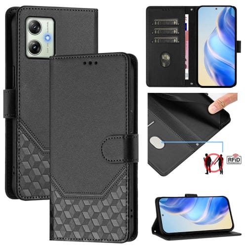 Funda de Cuero Rfid con Relieve en Panal para Motorola Moto G64 India/G54 5G India (Negra)