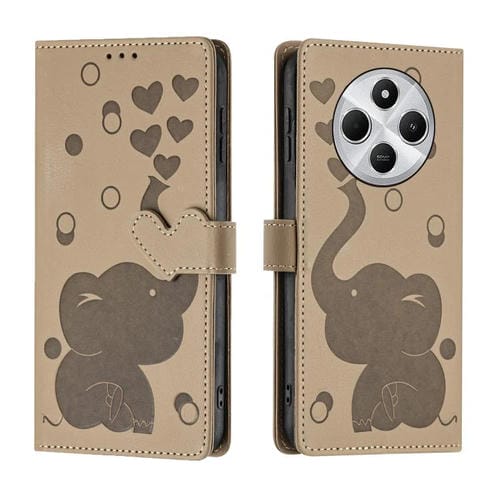 Funda de Cuero con Relieve de Elefante de Dibujos Animados para Xiaomi Poco C75 (Caqui)