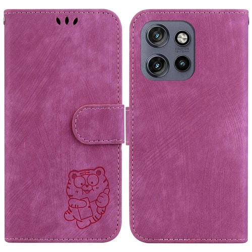 Funda de Cuero con Relieve de Tigre para Motorola Edge 50 Neo 5G Global (Rosa Rojo)