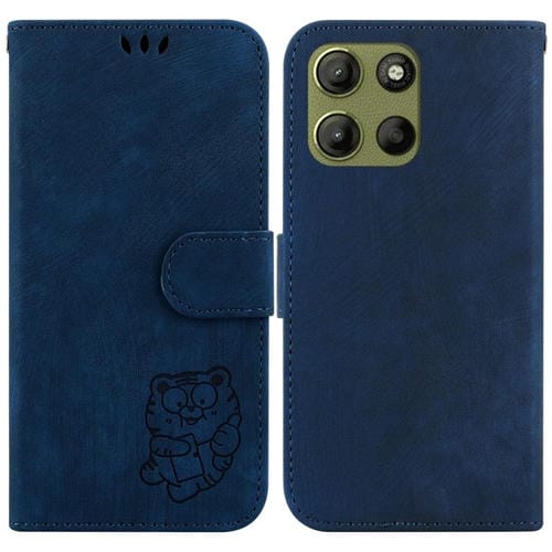 Funda de Cuero con Relieve de Tigre para Motorola Moto G15 (Azul Oscuro)